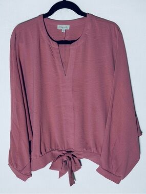Chenault Dusty Rose Mauve Tie Hem Blouse XL Textured V Neck Dolman Top Boho
